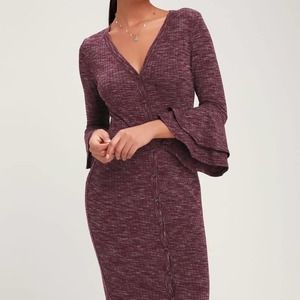 Lulu’s Jony Heathered Burgundy Ribbed Button-Up Midi Sweater Dress - Size S